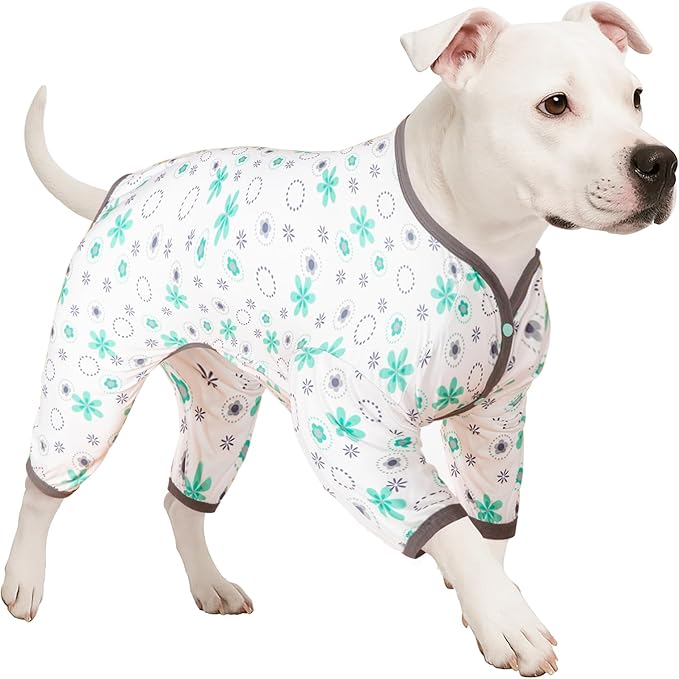 LovinPet Big Dog Onesie Shedding Suit, Pet Anxiety Relief Pj'S,Uv Protection Dogs Tshirt,Pet Clothes,Comfy Stretchy Fabric,Mint Floral Print,Large Dogs Pjs,Pullover Pitbull Clothes For All Seasons,3Xl