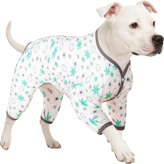 LovinPet Big Dog Onesie Shedding Suit, Pet Anxiety Relief Pj'S,Uv Protection Dogs Tshirt,Pet Clothes,Comfy Stretchy Fabric,Mint Floral Print,Large Dogs Pjs,Pullover Pitbull Clothes For All Seasons,3Xl