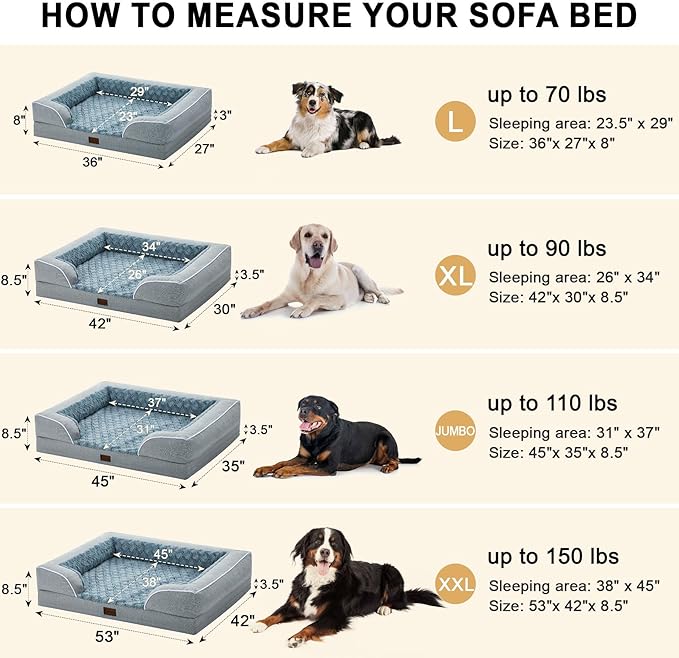 Orthopedic Dog Beds for Extra Large Sized Dogs, Waterproof Memory Foam XXL Pet Bed 48x30Inch, Non-Slip Bottom and Egg-Crate Foam Dog Couch Bed with Washable Removable Cover, Light Grey