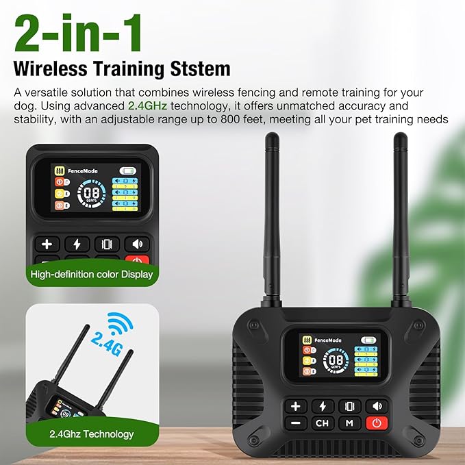 Wireless Dog Fence 2.4GHz Electric Fence for Dogs Wireless Fence for Dogs Portable Electric Dog Fence with Waterproof and Rechargeable Dog Training Collar (1 Controller & 2 Collar)