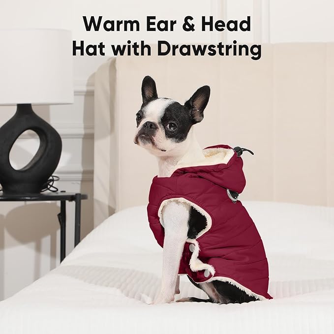 Fleece Lining Dog Hoodie with Harness Built in,Extra Warm Large Dog Jacket in Winter Doggie Coats with Drawstring Hooded,Red XXXL