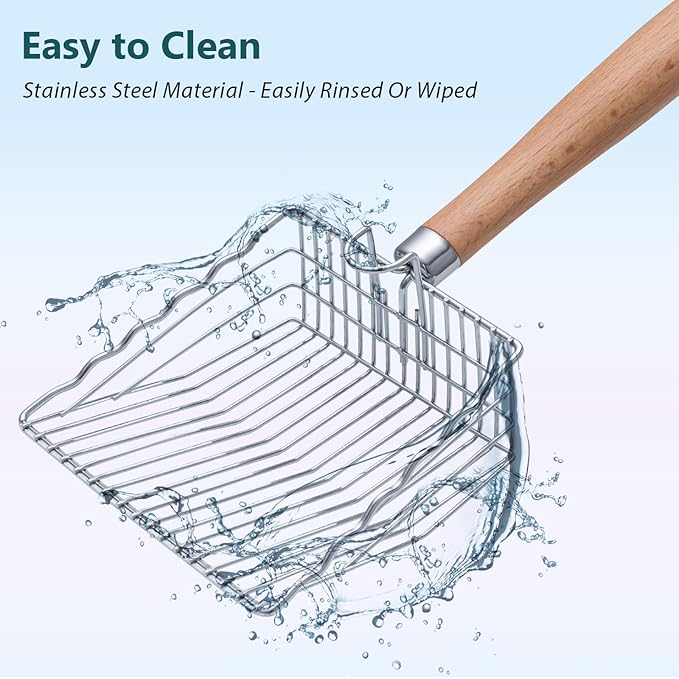 Cat Litter Scoop, 9.8" Extended Handle Premium Kitty Shovel with Hook and Hole, Metal Sifter Scooper Stainless Steel for Easy Cleaning, Durable and Heavy Duty, Odor-Free for Litter Box