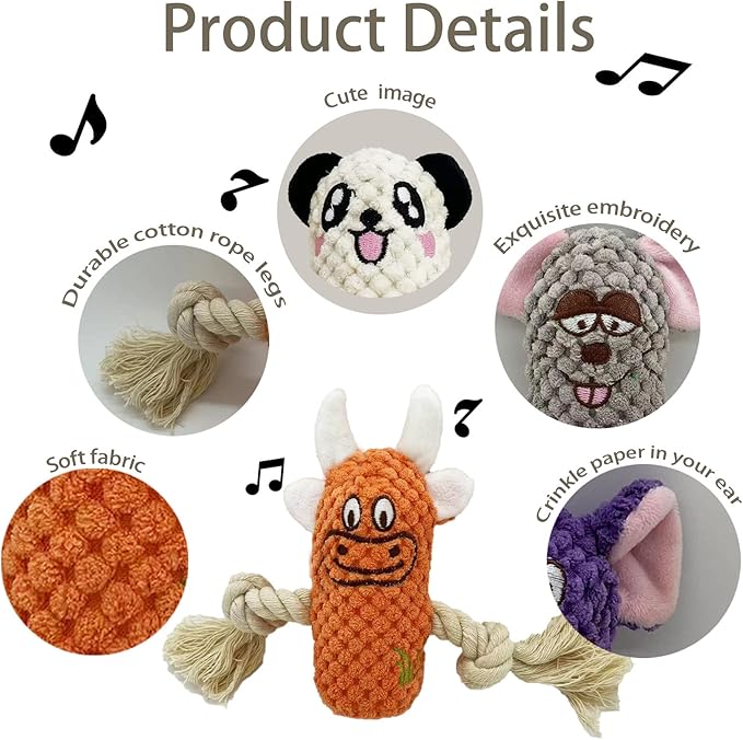 Cute Animal Squeak Dog Toys, No Stuffing Plush Toys, Durable Cotton Rope Chew Toys for Puppy and Small, Medium Dogs, 6 Pack