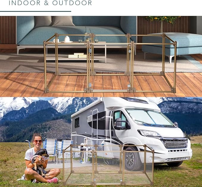 Front Row Foldable Dog Playpen – Durable and Portable Puppy Playpen for Exercise, Rest & Play – Clear Fence Panels with Aluminum Rods and Crate for Dogs and Other Small Pets (Gold, 8-Panel)