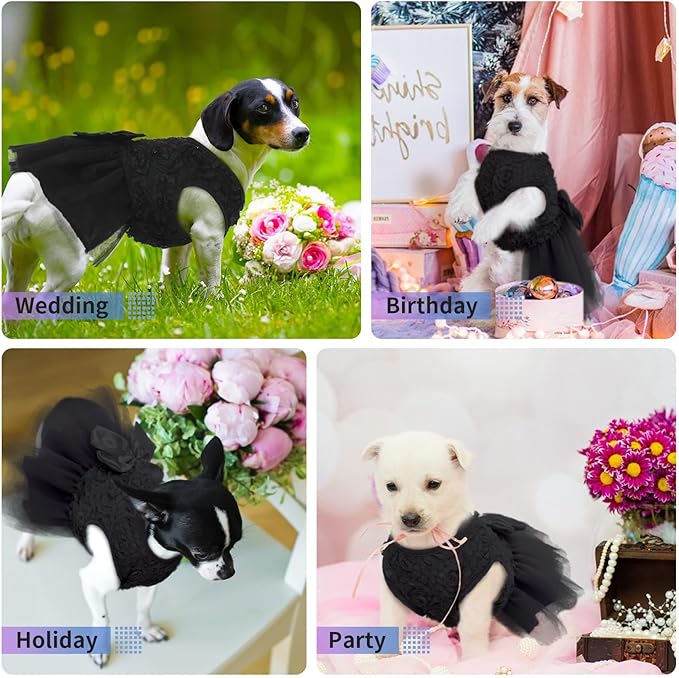 QBLEEV Dog Wedding Dress - Medium to XXL, Black Lace Tutu Skirt, Bowknot Attire, Perfect for Puppy or Dog Bride, Halloween or Formal Occasions