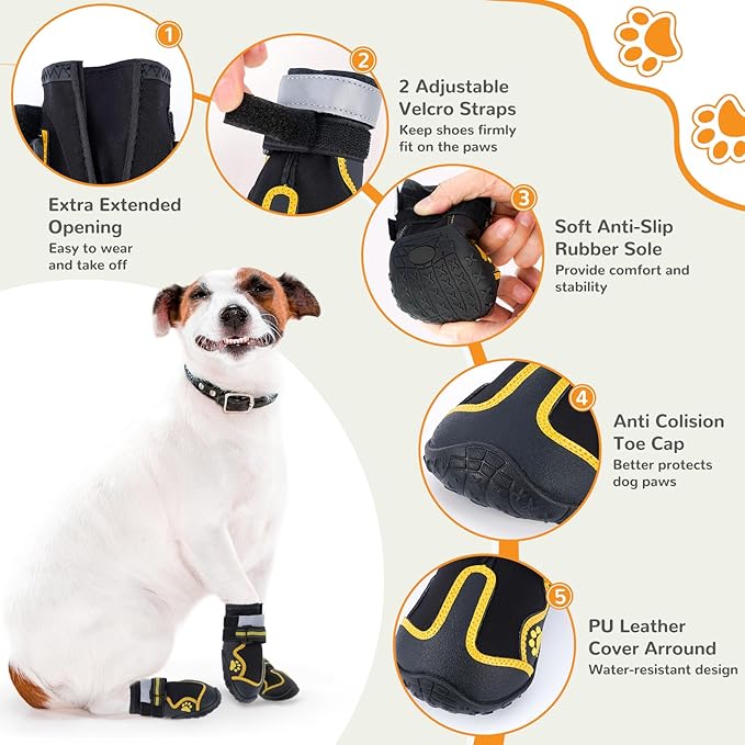Dog Shoes for Hot Pavement,Dog Boots & Paw Protectors for Large Medium Size Dogs to Prevent Licking,Dog Booties with Reflective for Outdoor,Hiking,Hardwood Floors,Winter Snow(Black Yellow, Size3)