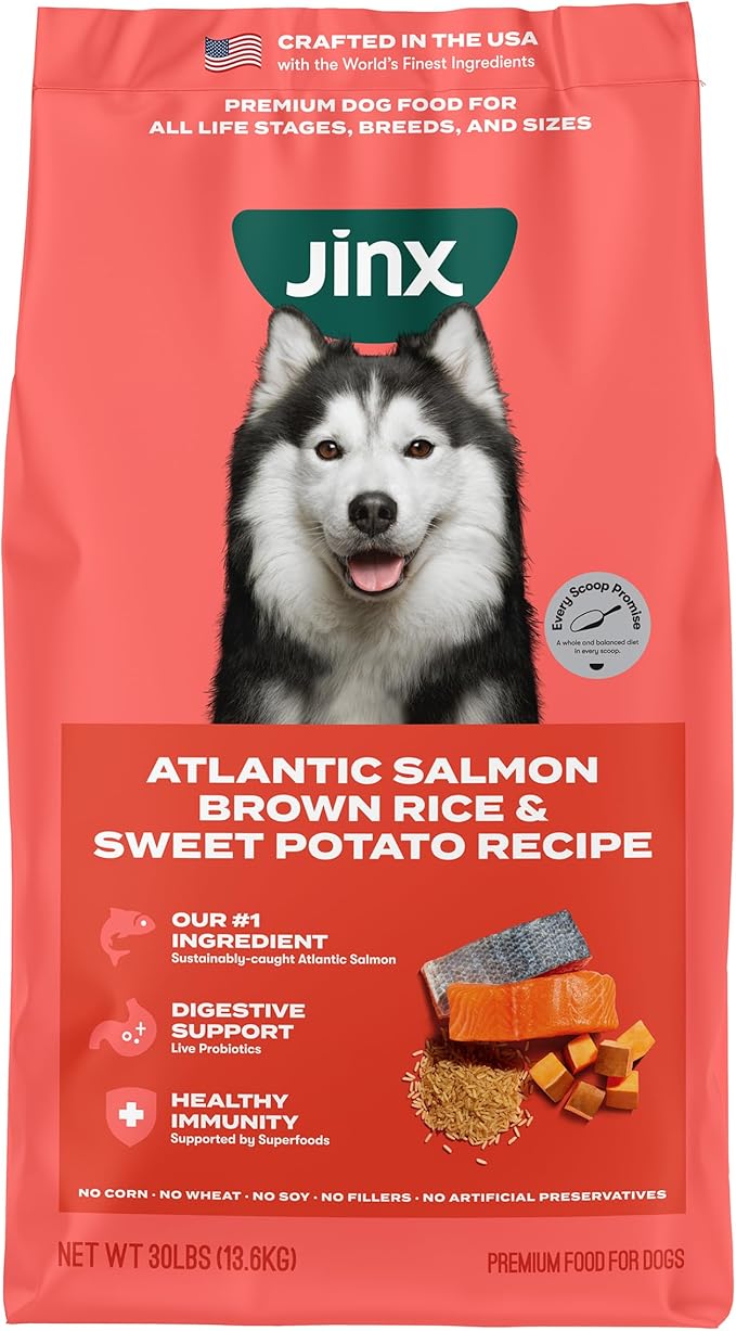 Jinx Premium Dry Dog Food, for All Lifestages - Real Salmon, Brown Rice & Sweet Potato Kibble with Superfoods for Immune Support & Probiotics for Digestive Support - No Fillers - 30lb