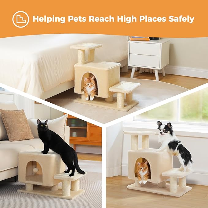 3-in-1 Dog Stairs & Cat Scratching Post with Condo, Pet Steps for High Beds, Sofa, Couch, Tall Cat Tower, High-Strength Boards for Indoor Small Cats Kittens Dogs Climbing Playing, 3 Steps-Beige
