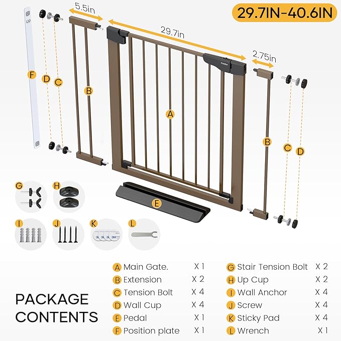 Cumbor 29.7-40.6" Baby Gate for Stairs, Mom's Choice Awards Winner-Dog Gate for Doorways, Pressure Mounted Auto-Close Pet Gates for Dogs Indoor, Safety Child Gate with Easy Walk Thru Door, Brown
