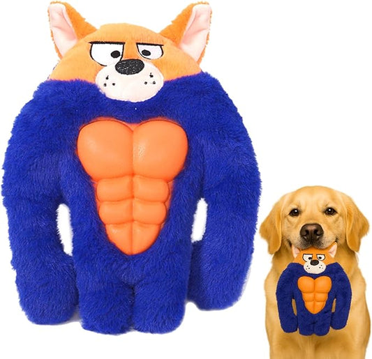 Tough Dog Toys for Heavy Chewers, Interactive Plush Dog Chew Toys with Rubber Muscles, Squeak Dog Toys for Aggressive Chewers, Dog Toy for Small Medium Large Breed (Bodybuilders Fox)