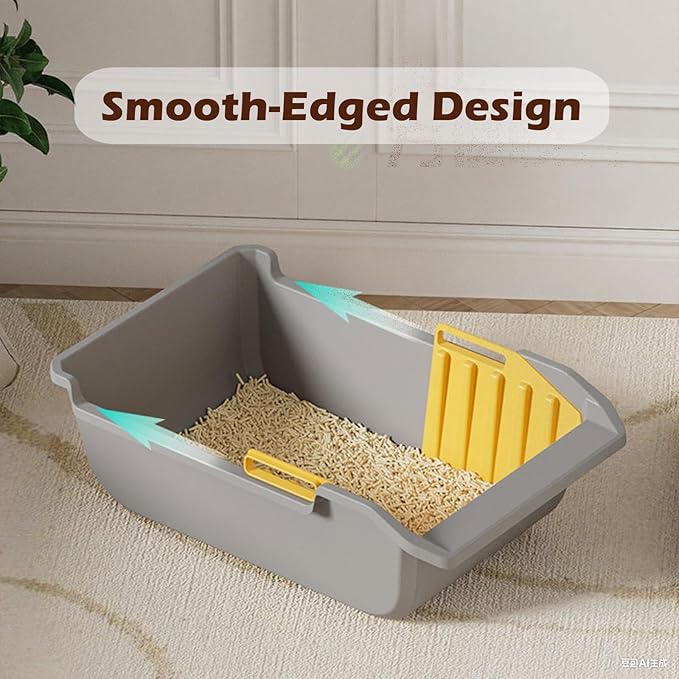 SpaceTime Extra Large Cat Litter Box with High Sides,Jumbo Open Top Kitty Litter Pan for Indoor Cats,XL Cat Boxes with Integrated Sifting Litter Scoop,Ideal for Kittens & Big Cats,Easy to Clean(Grey)