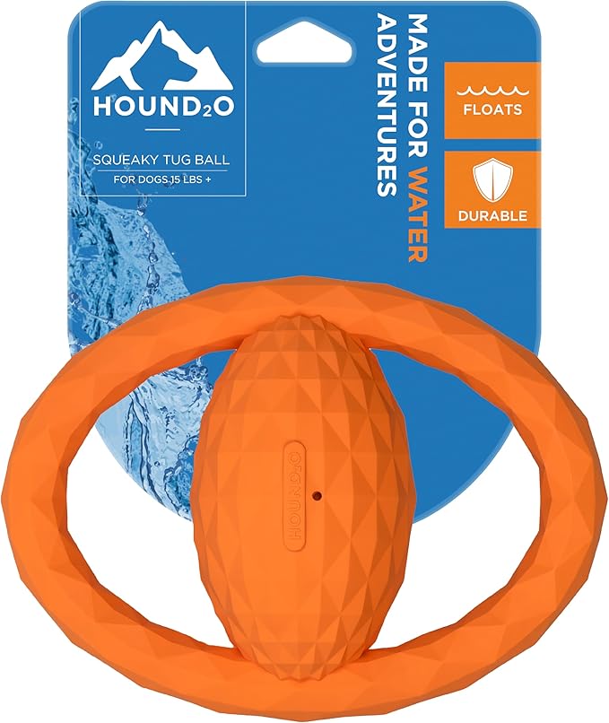 Playology Hound2O Dog Toys | Squeaky Tug Ball Toy for Tug of War | Orange Floating Outdoor Toy - Easy to Clean and Made from Non Toxic Materials