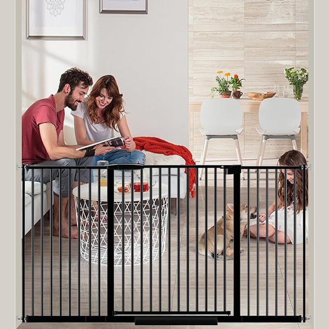 Extra Wide Baby Gate 30.11-77.36",Ultra Narrow 1.37" Spacing Dog Gate indoor,Double Lock Auto Close Pet Gate for House,Pressure Mounted Baby Gate Easy Walk Through Pet Gate for Hallway(Black)