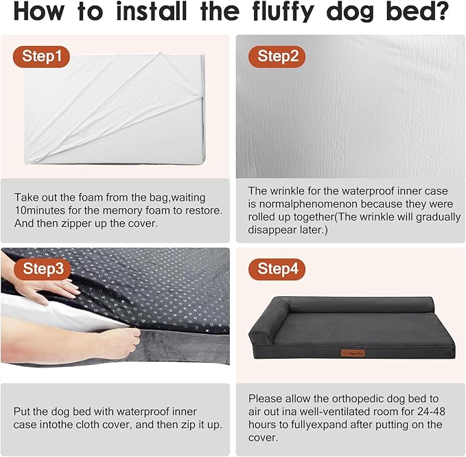 Orthopedic Dog Beds Large Sized Dog, Memory Foam Pet Bed for Medium and Large Dogs, Removable and Washable Microsuede Cover, TPU Waterproof Liner, Nonskid Bottom, 36x27x6 Inches, Dark Grey