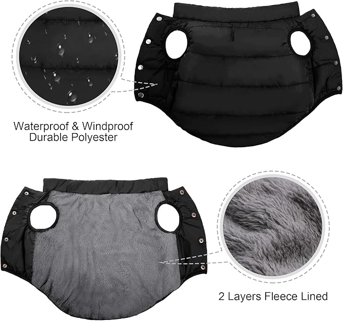 ASENKU Windproof Dog Winter Coat Waterproof Fleece Jacket Cold Weather Pet Apparel for Small Medium Large Dogs (Black, XS)