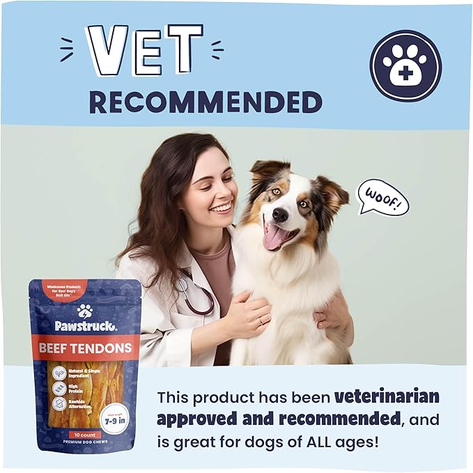 Pawstruck Natural 7-9” Beef Tendon Chew Sticks for Dogs – Premium Rawhide-Free, Single Ingredient, High Protein, Low Odor Dental Treat – 10 Count – Packaging May Vary