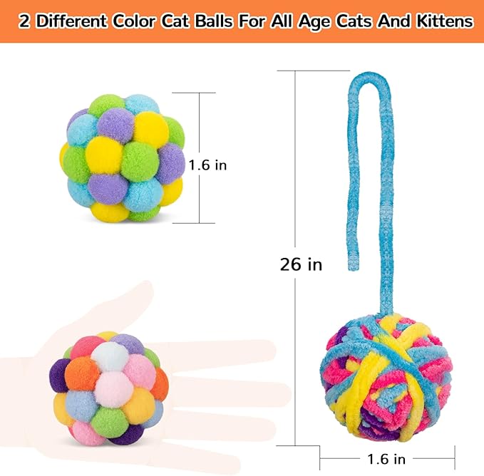 Retro Shaw Cat Toys Balls, 6Pack Yarn Cat Ball with Bell Inside, Interactive Kitten Toys for Indoor Cats Kitty Chew Kick, Colorful Soft Fuzzy Pet Toy Ball with String