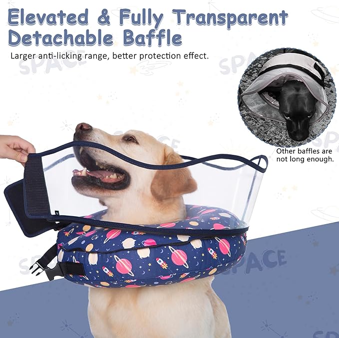 Inflatable Dog Cone Collar,Waterproof Soft Dog Donut Cone for Large Medium Small Dogs Cats, Recovery Pet E-Collar Alternatives After Surgery (Planet-with Shield, Large)