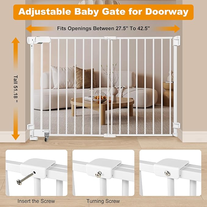 No Bottom Bar Baby Gate, 51.18 inch Tall Cat Pet Gate for Doorway, Adjustable 27.5in- 43 in Dog Gate with Large Walk Thru Door (White, 51.18inch)