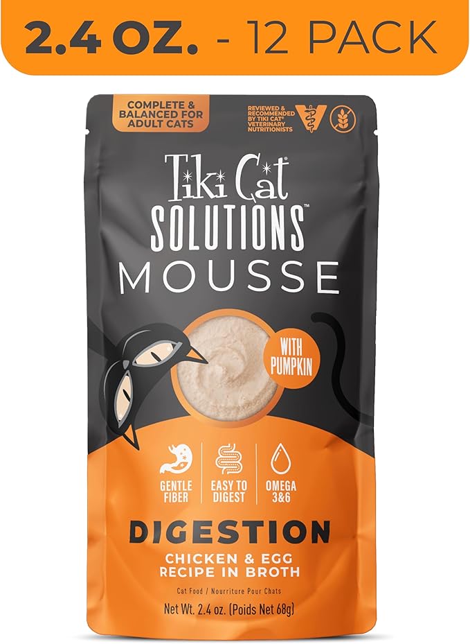 Tiki Cat Solutions Mousse Multipack Wet Cat Food, Digestion, Chicken & Egg, 2.4 oz. Pouch (12 Count)