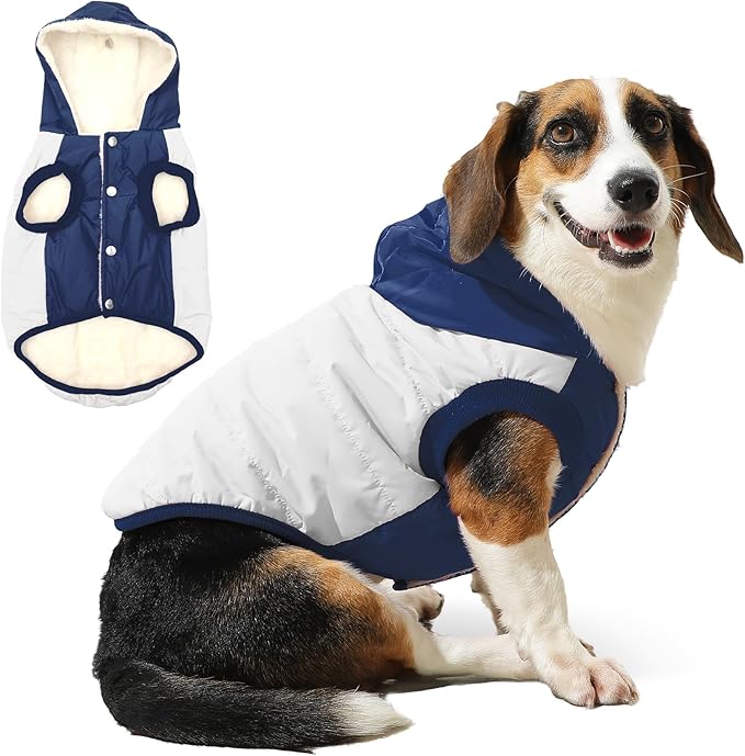 Fleece Lining Extra Warm Dog Hoodie in Winter for Large Dogs Jacket Pet Coats with Hooded,Beige and Blue XXXL