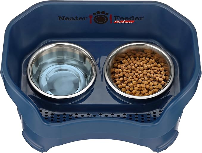 Neater Pet Brands Neater Feeder Deluxe Mess Proof Dog Bowls Elevated for Medium Dogs 19-40 lbs, Made in USA, No Spill Raised Dog Food Bowl Stand Feeding Station, Food and Water Bowl Set, Dark Blue