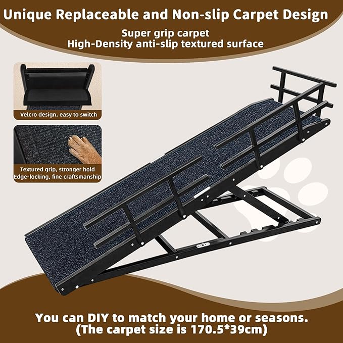 Dog Ramp for Bed - 65" Length, Supports up to 32" Height,Includes Non-Slip Replaceable Carpet, Safety Rails & Landing Platform,Adjustable & Foldable Pet Ramp for Large/Senior Dogs to Get on Bed-Black