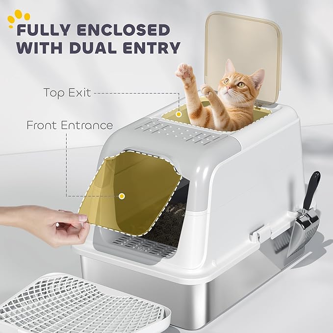 PawHut Stainless Steel Litter Box, Extra Large Enclosed Cat Litter Box with Front-Entry and Top-Exit, Scoop, Deodorizer Bag, Sand Drop Pedal, Anti-Urine Leakage, Non-Sticky and Easy to Clean