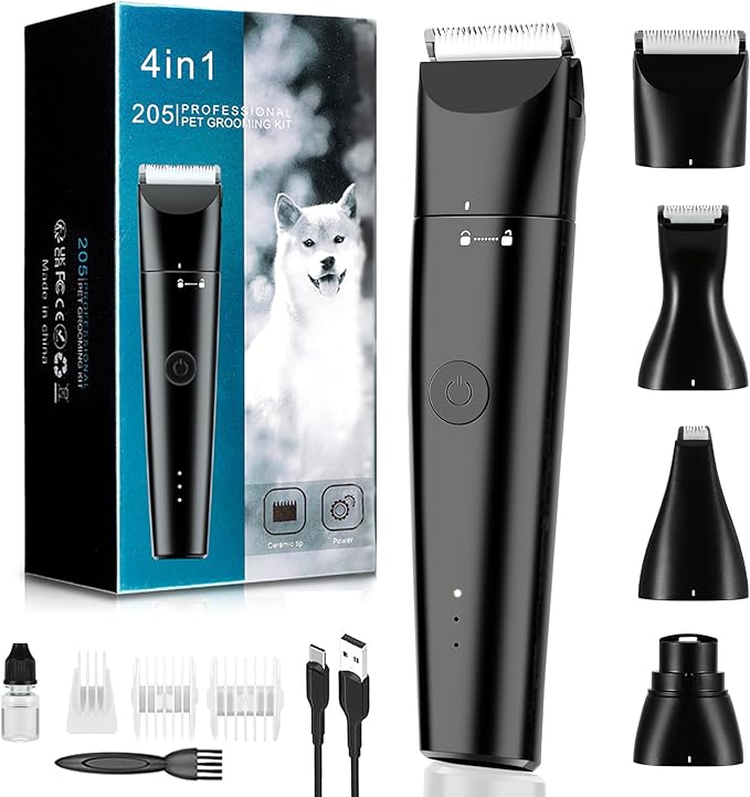 Dog Grooming Clippers 4 in 1 Pet Grooming Kit,2-Speed Cordless Dog Clipper with Nail Grinder,USB-C Rechargeable Paw Trimmer for Small Pets, Dogs, Cats