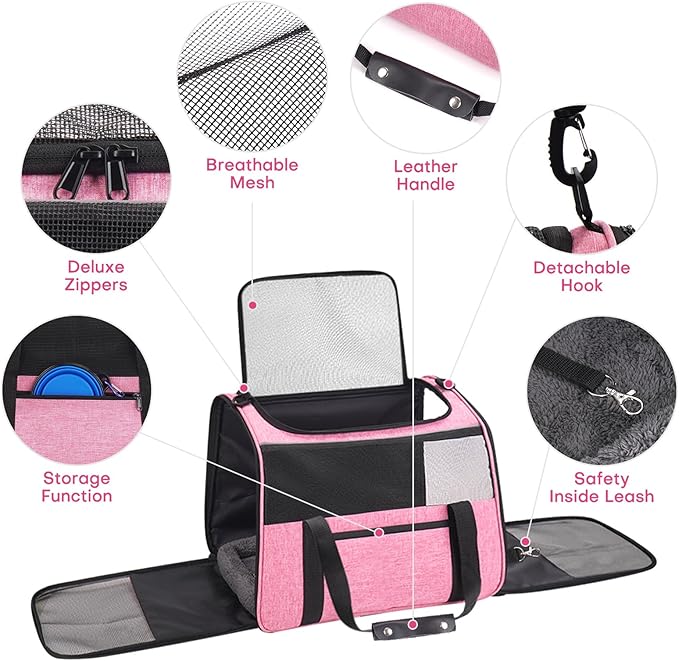 JUNGYOUN Premium Cat Carrier - Pet Carrier for Cat & Small Dogs up to 15lbs - Airline Approved Travel Dog Carrier with Anti-Escape Zippers, Collapsible Travel Bowl & Padded Strap Pink