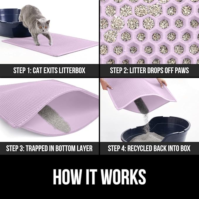 GORILLA GRIP Honeycomb Cat Litter Box Mat, 35x24 Two Layer Trapping Waste Mats, Soft On Paws, Litter Box Supplies and Essentials for Indoor Cats, Traps Excess, Water Resistant for Floors, Purple