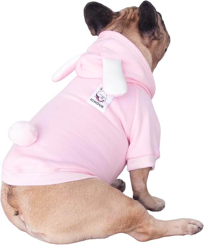 iChoue English Bulldog Bunny Dog Costumes Clothes Sweater Cute Funny for Cold Weather Winter Coats Hoodies - Pink/XXLarge