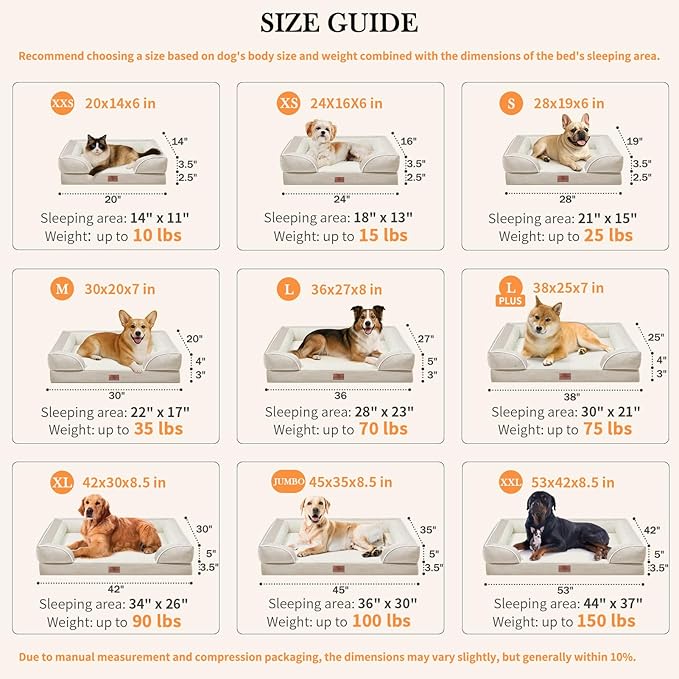 Comfort Expression Orthopedic Dog Bed for Medium Dogs 30x20 Inch, Waterproof Supportive Egg Crate Foam Medium Pet Bed with Removable Bolsters, Dog Couch with Washable Cover & Non-Slip Bottom, Beige