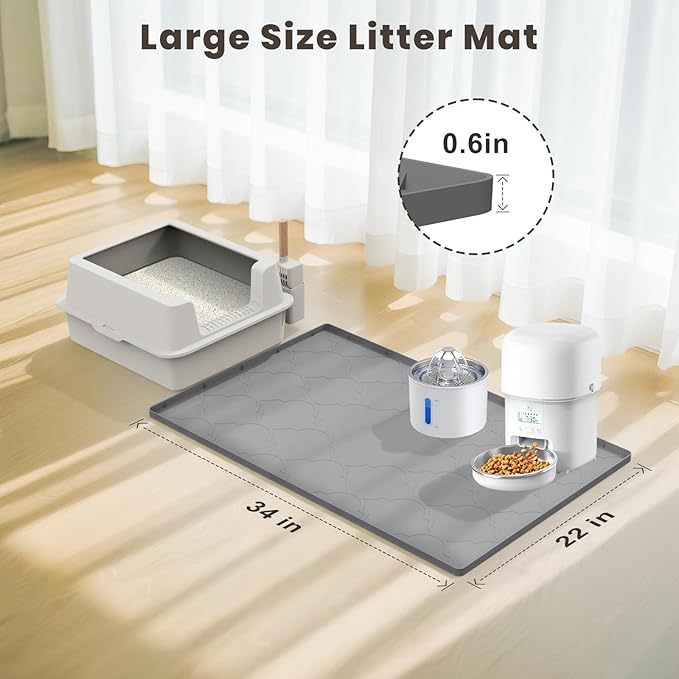 Cat Mat for Litter Box, 34" X 22" Large Silicone Cat Litter Trapping Mat, Easy Clean for Scatter Control, Soft on Kitty Paws, Waterproof, Urine-Proof, Non-Slip Kitty Litter Mat for Floor, Gray