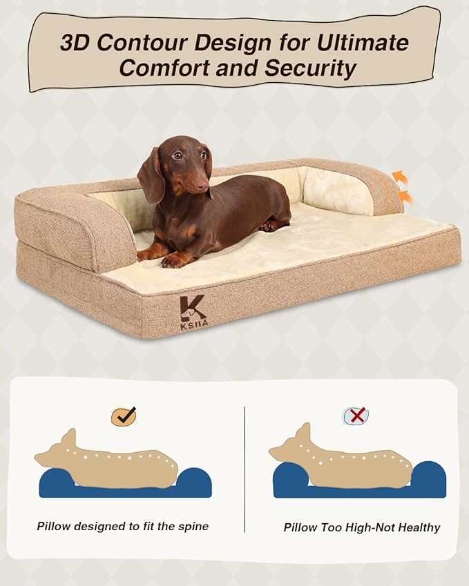 KSIIA Washable Dog Bed Medium Size Dog U-Shaped Bolster Pet Couch with Removable Waterproof Cover, Non-Slip Bottom and Egg-Crate Orthopedic Foam Pet Bed, 35 x 22 Inch, Brown