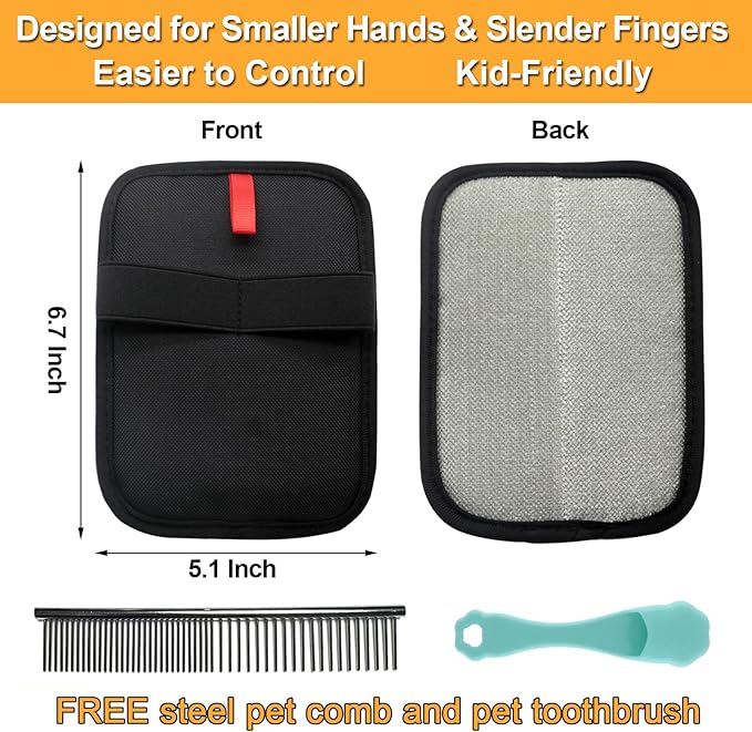 Pet Hair Removal Glove for Small Hands, 2Pcs Electrostatic Dog Cat Hair Remover Gloves for Furniture Car Seat Couch, Reusable Grooming & Shedding Tool with Free Steel Comb & Toothbrush