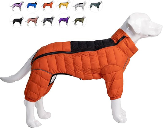 Lovelonglong Dog Coat Dog Warm Jacket, 4 Legs Covered Waterproof Windproof Reflective Warm Dog Vest, Zippered Adjustable Outdoor Dog Snow Jacket for Small Medium Large Dogs Orange XXXXL