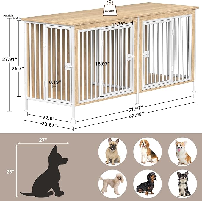 EasyCom Dog Crate Furniture for 1 or 2 Dogs, Heavy Duty Single/Double Dog Crates for Small/Medium/Large Dogs, Dog Kennel Furniture Indoor as TV Stand, Medium Size 63" L(20-35 Pounds), Off White