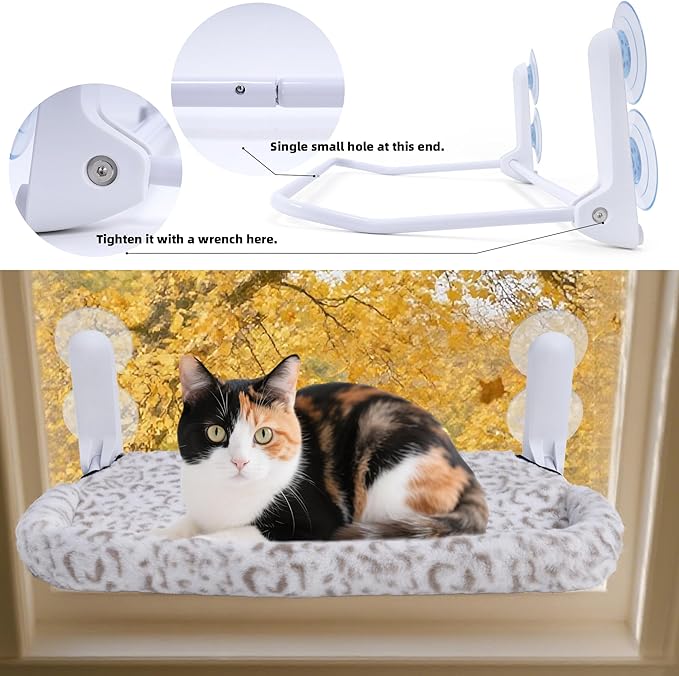 Cat Window Perch, Cordless Foldable Cat Hammock Bed with 4 Suction Cups, Embeded Machine Washable Bed for Indoor Cats, Strong Metal Frame Holds 40lbs (Leopard Print,Cotton Binding)