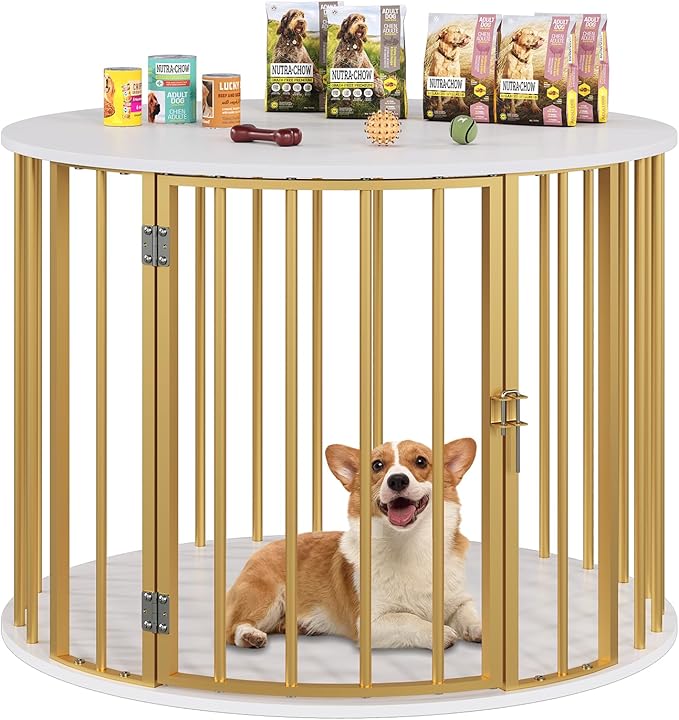 32 Inch Dog Crate Furniture for Large Medium Dogs, Wooden Dog Kennel Indoor Decorative Pet House Side End Table, Round Dog Cage, White and Gold