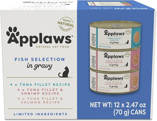 Applaws Natural Wet Cat Food in Gravy, Limited Ingredient Canned Wet Cat Food, Variety Pack, Made with Natural Ingredients, Fish Selection Variety Pack in Gravy (12 x 2.47oz Cans)