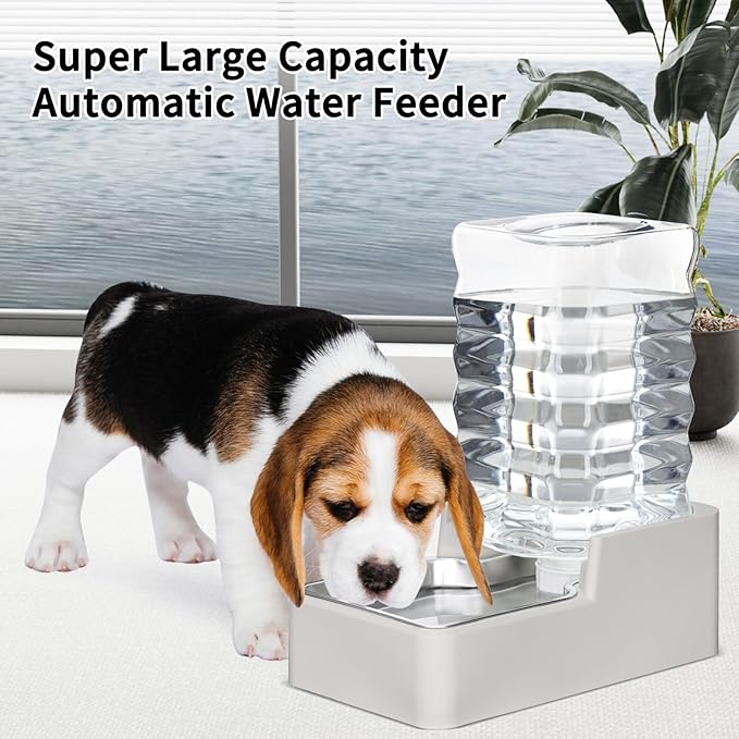 RIZZARI Stainless Steel Pet Water Feeder: 7.5L Beige Automatic Leak-Proof Gravity Dispenser for 20-35 LB Dogs with Arthritis - Without Filter - Ideal for Living Room Kitchen
