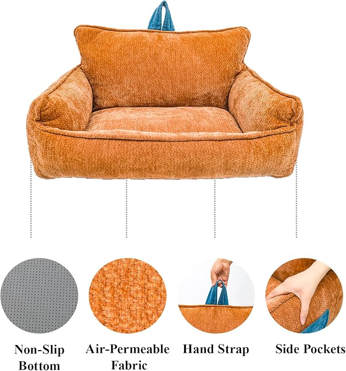 Large Orthopedic Dog Sofa Bed with Sides, Carry Handle & Side Pockets .Plush Chenille Orthopedic Pet Bed Couch for Large Dogs.Portable Snuggler for Indoor Use, Travel & Recovery(Orange)