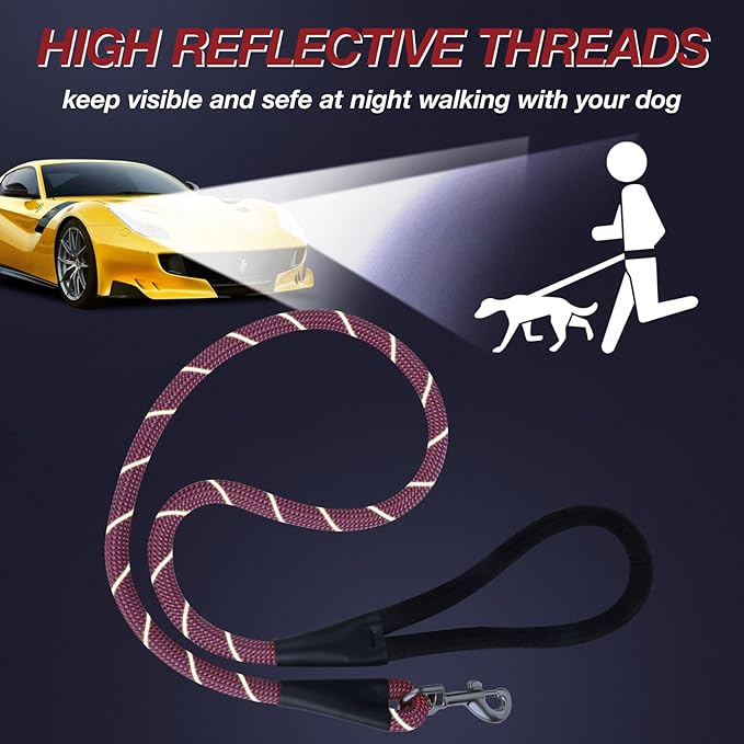 Purple 4FT Dog Leash for Large Dogs Night Walking Reflective Heavy Duty Chew-Resistant Nylon Leash with Padded Handle and 360° Swivel Clip Strong for Medium to Large Breeds