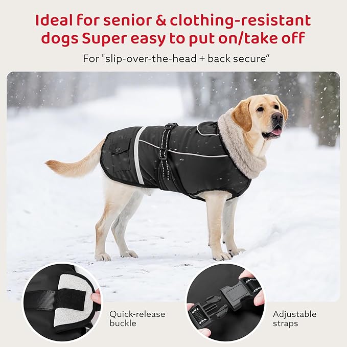 Dog Coat, Warm Dog Winter Coat Reflective Jacket Waterproof Fleece Vest, Pet Jacket Cozy for Cold Weather, Dogs Snowsuit Windproof, Adjustable Buckle for Large Dogs