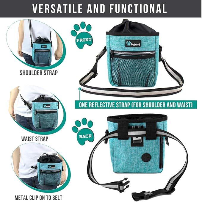 PetAmi Dog Treat Pouch | Dog Training Pouch Bag with Waist Shoulder Strap, Poop Bag Dispenser | Treat Training Bag for Treats, Kibbles, Pet Toys | 3 Ways to Wear (Turquoise) | No bowl included