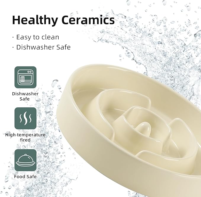 Ceramic Raised Slow Feeder Dog Bowl Set, Elevated 6.1inch Bowl and 7.3inch Puzzle Slow Food Dish with Wooden Stand for Small and Medium Dog, Anti-Gulping (2X Beige+ Stand)