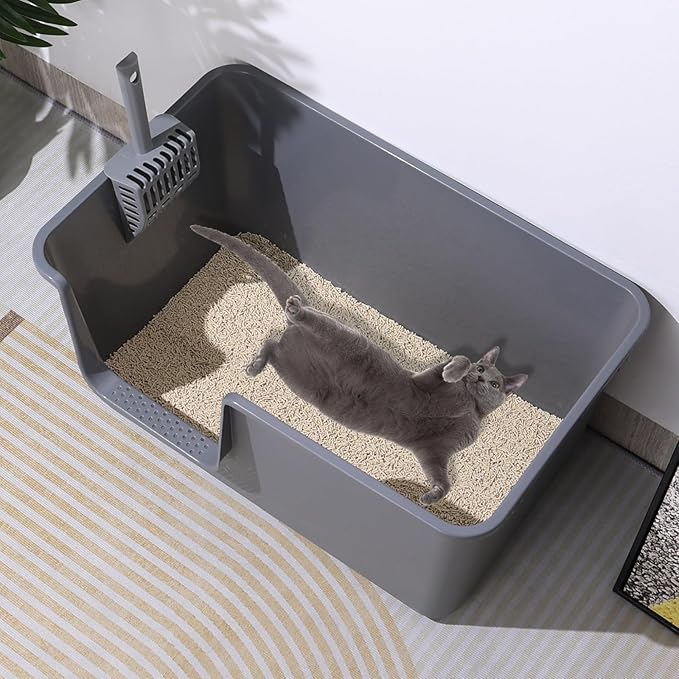 Extra Large Kitty Litter Box with High Sides, Gray Plastic Open Top Cat Litter Box with Scoop, 2 Packs