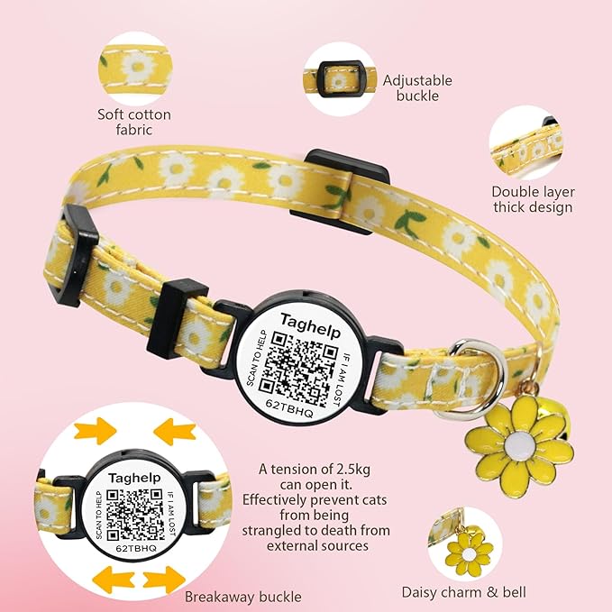 Smart QR Code Cat Collar 2-Pack, Adjustable Safety Breakaway Collar with Digital Pet ID, Flower Pendant & Bell for Indoor Outdoor Cats (Pink & Purple)