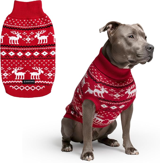 Spark Paws Christmas Dog Sweater – Ultra Soft Holiday Knit Sweater for Small, Medium & Large Dogs, Cute Pet Sweater for French Bulldogs & Big Dogs, Easy Potty V Cut Design Jacket - (Dasher Red,3XL)